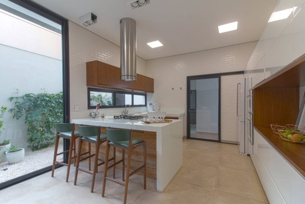 A kitchen space with a kitchen island.